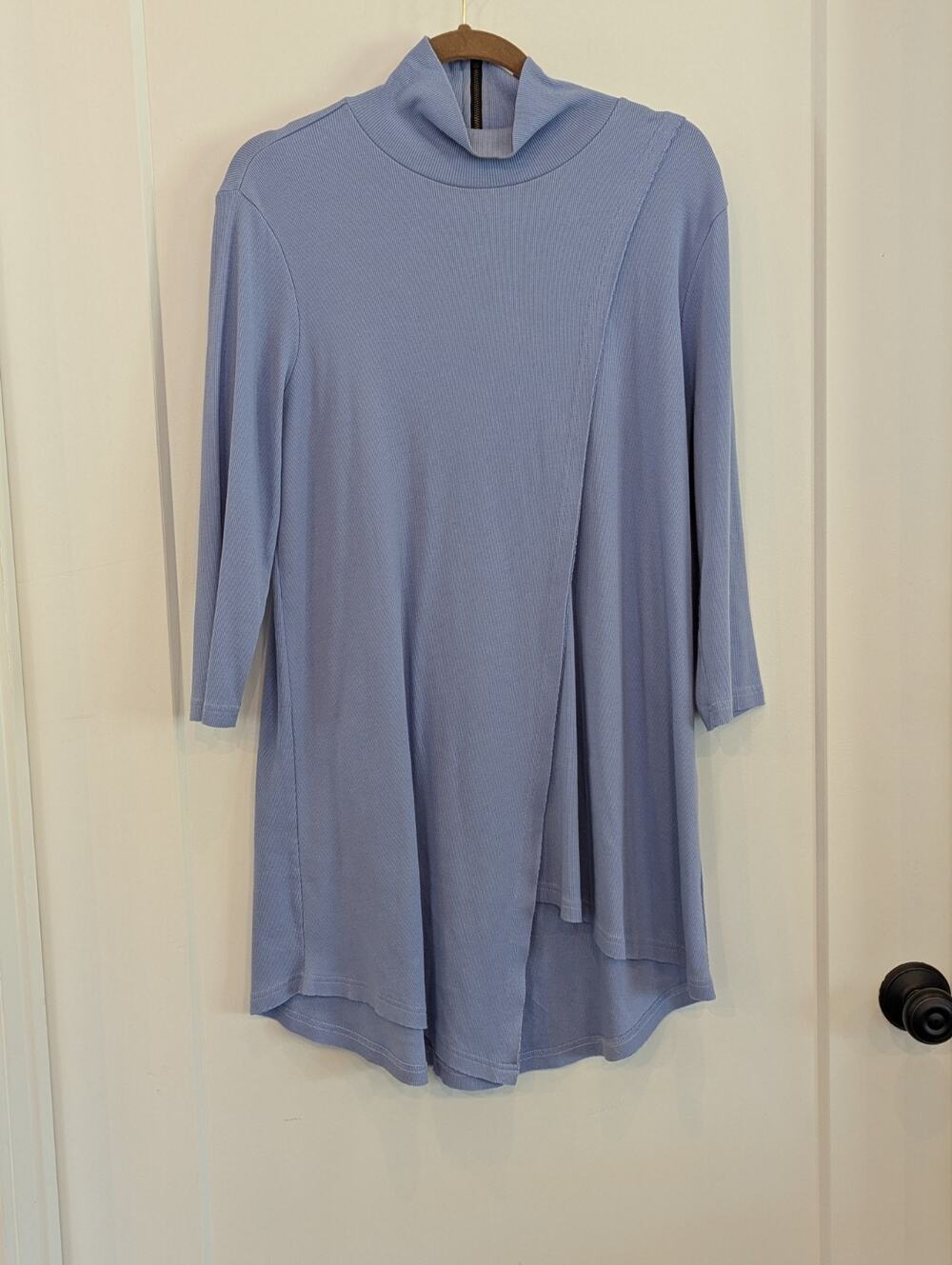 Soft Surroundings Tunic Large Blue Ribbed Knit Mock Neck Raw Edge Lagenlook